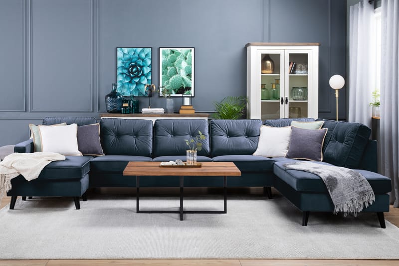 Monroe 6-sits Högervänd U-formad Large Soffa med Divan och Schäslong i Sammet - Blå - Möbler - Vardagsrum - Soffor - U-soffor