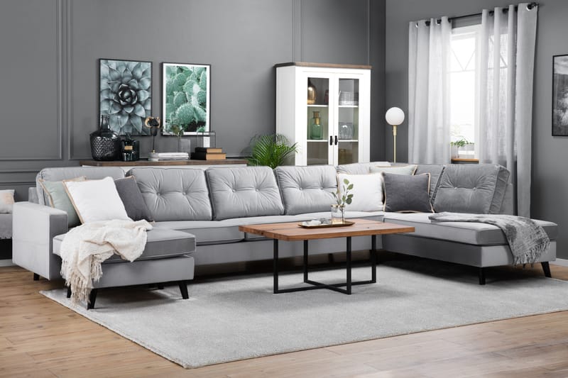 Monroe 6-sits Högervänd U-formad Soffa med Divan och Schäslong i Sammet - Ljusgrå - Möbler - Vardagsrum - Soffor - U-soffor