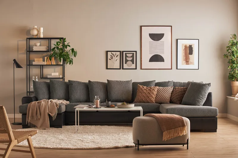 Ocean 5-sits Högervänd U-formad Large Soffa med Divan och Schäslong i Konstläder/Tyg - Grå / Svart - Möbler - Vardagsrum - Soffor - U-soffor