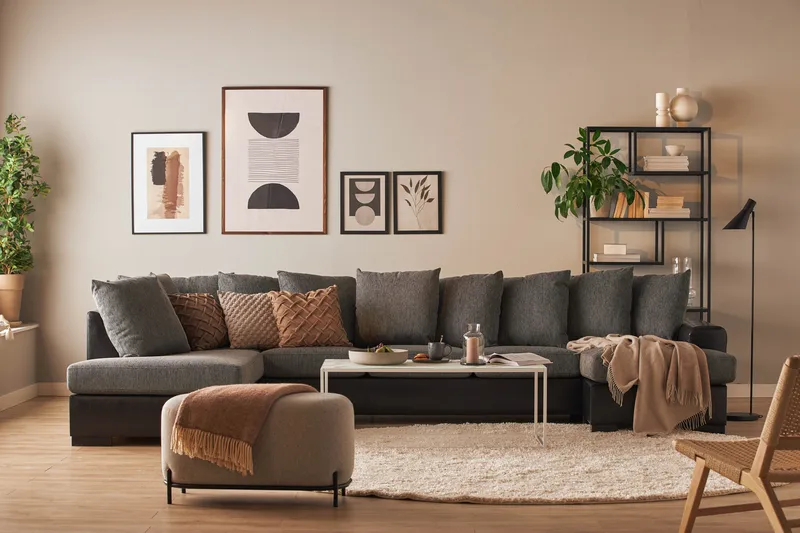 Ocean 5-sits Vänstervänd U-formad Large Soffa med Divan och Schäslong i Konstläder/Tyg - Grå / Svart - Möbler - Vardagsrum - Soffor - U-soffor