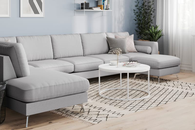 Ocean Lyx 6-sits Vänstervänd U-formad Soffa med Divan och Schäslong + Fotpall i Tyg - Grå - Möbler - Vardagsrum - Soffor - U-soffor