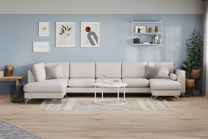 Ocean Lyx 6-sits Vänstervänd U-formad Soffa med Divan och Schäslong + Fotpall i Tyg - Ljusgrå - Möbler - Vardagsrum - Soffor - U-soffor