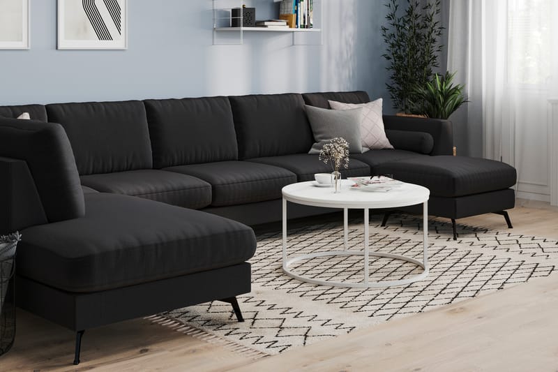 Ocean Lyx 6-sits Vänstervänd U-formad Soffa med Divan och Schäslong + Fotpall i Tyg - Svart - Möbler - Vardagsrum - Soffor - U-soffor