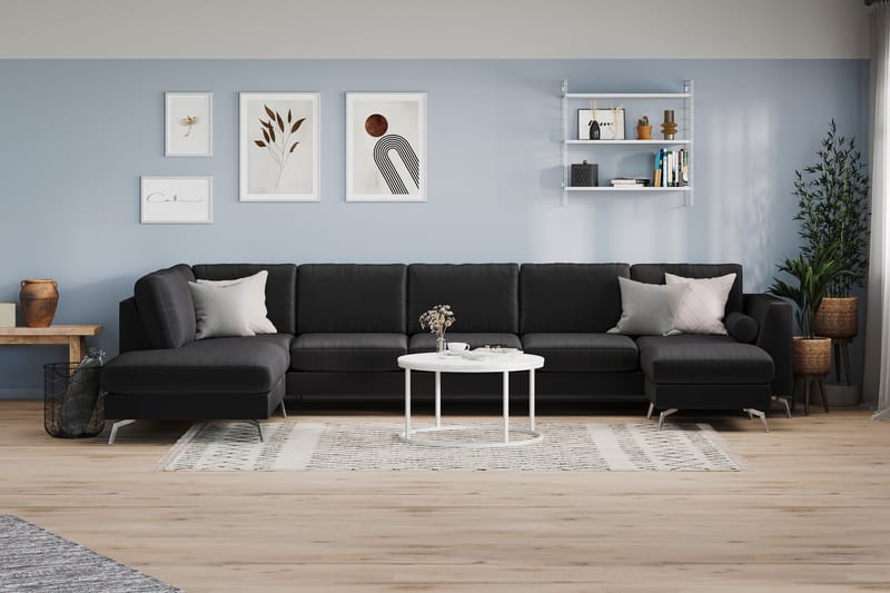 Ocean Lyx 6-sits Vänstervänd U-formad Soffa med Divan och Schäslong + Fotpall i Tyg - Svart - Möbler - Vardagsrum - Soffor - U-soffor