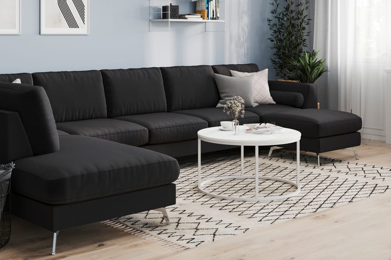 Ocean Lyx 6-sits Vänstervänd U-formad Soffa med Divan och Schäslong + Fotpall i Tyg - Svart - Möbler - Vardagsrum - Soffor - U-soffor