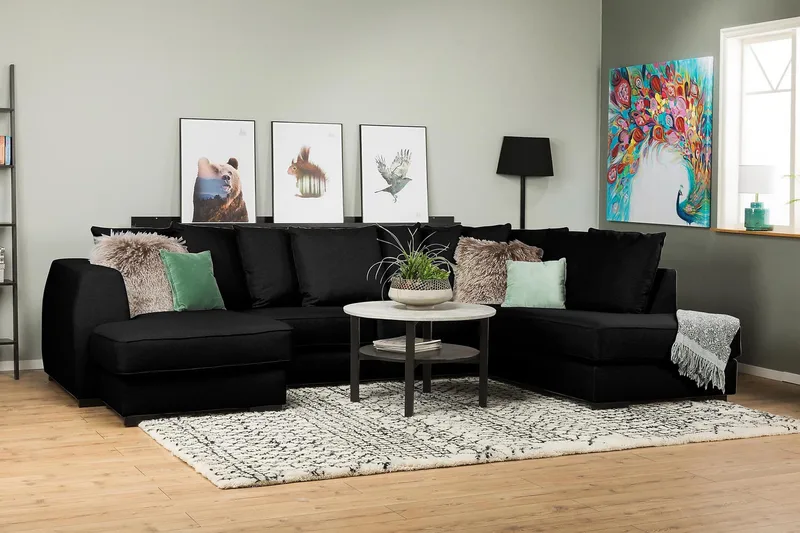 Optus 4-sits Högervänd U-formad Soffa med Divan och Schäslong i Tyg inkl Kuvertkuddar - Svart - Möbler - Vardagsrum - Soffor - U-soffor
