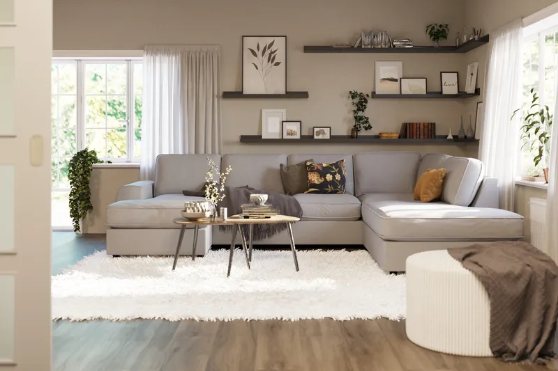 Optus Lyx 4-sits Högervänd U-formad Soffa med Divan och Schäslong i Tyg - Grå - Möbler - Vardagsrum - Soffor - U-soffor