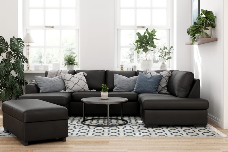 Porto 4-sits Högervänd U-formad Soffa med Divan och Schäslong + Fotpall i Konstläder - Svart - Möbler - Vardagsrum - Soffor - Skinnsoffor