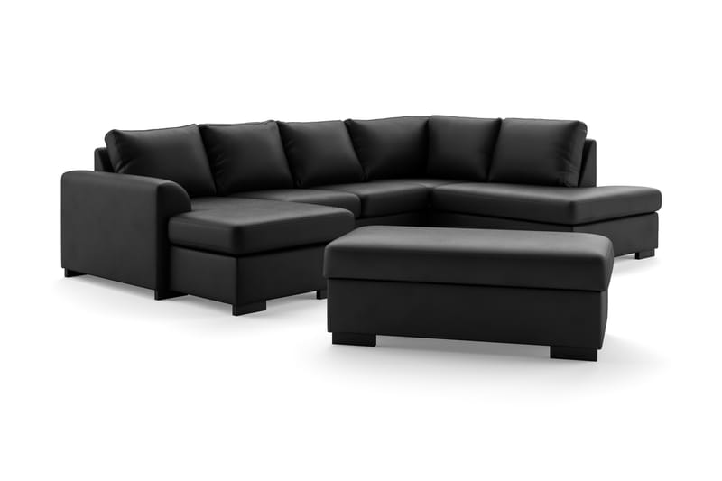 Porto 4-sits Högervänd U-formad Soffa med Divan och Schäslong + Fotpall i Konstläder - Svart - Möbler - Vardagsrum - Soffor - Skinnsoffor