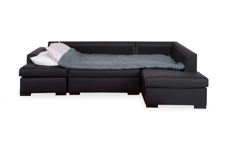 Porto 4-sits Högervänd U-formad Soffa med Divan och Schäslong + Fotpall i Konstläder - Svart - Möbler - Vardagsrum - Soffor - Skinnsoffor