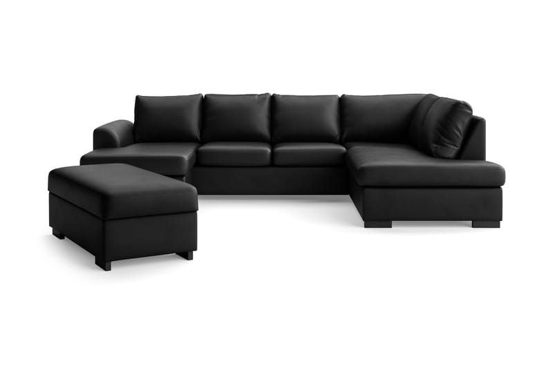 Porto 4-sits Högervänd U-formad Soffa med Divan och Schäslong + Fotpall i Konstläder - Svart - Möbler - Vardagsrum - Soffor - Skinnsoffor