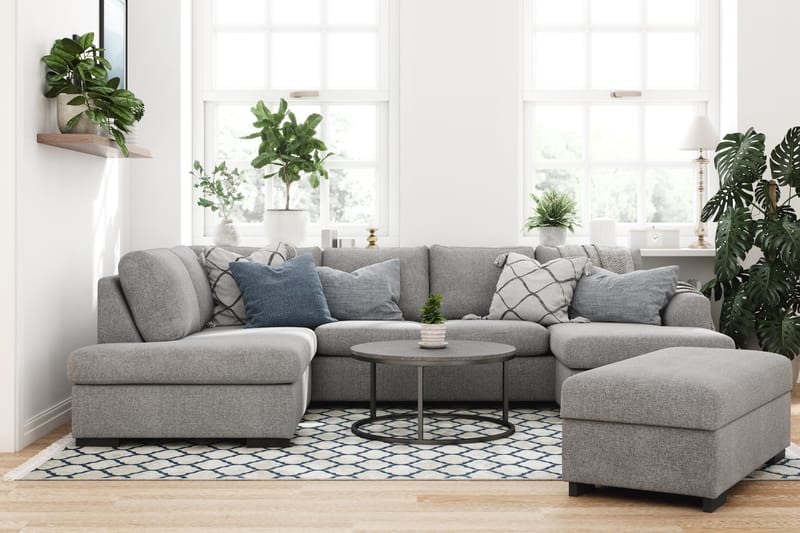 Porto 4-sits Vänstervänd U-formad Soffa med Divan och Schäslong + Fotpall i Tyg - Grå - Möbler - Vardagsrum - Soffor - U-soffor