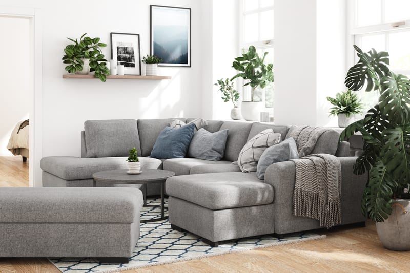 Porto 4-sits Vänstervänd U-formad Soffa med Divan och Schäslong + Fotpall i Tyg - Grå - Möbler - Vardagsrum - Soffor - U-soffor