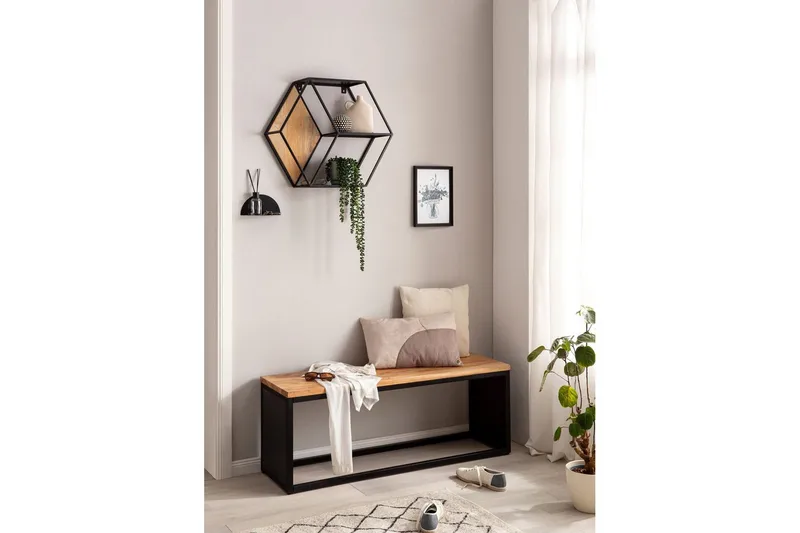 Bänk Wohnling Industriellt massivt trä, Akacia sits med stenvy, metallram - Möbler - Vardagsrum - Stolar & sittmöbler - Sittbänk