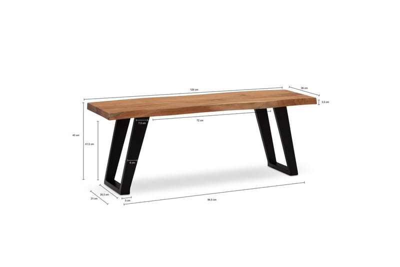 Kapprumsbänk Wohnling Massivt Akaciaträ 120 cm Träkant Hall Svart, vinklade löpare - Svart, vinklade löpare - Möbler - Vardagsrum - Stolar & sittmöbler - Sittbänk