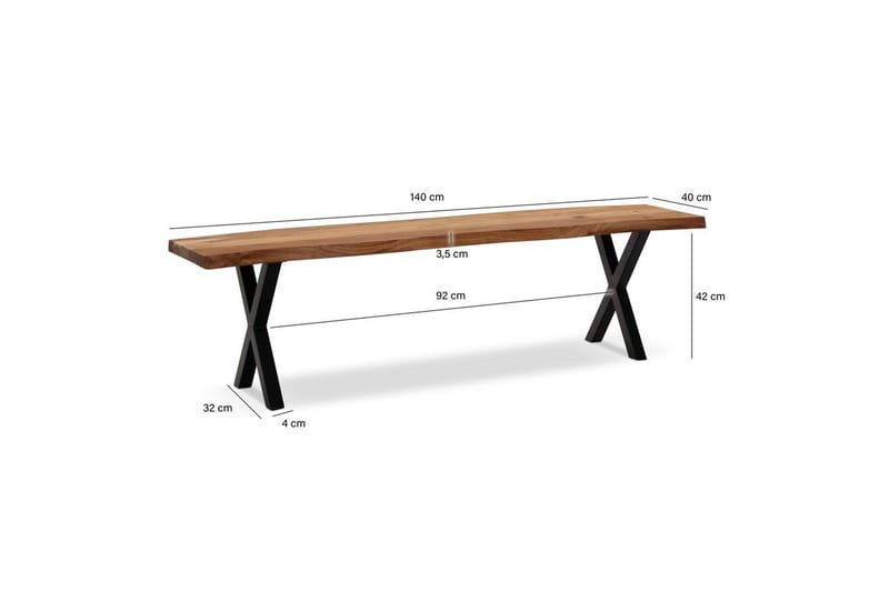Matbänk Wohnling Massivt trä med metallben träd kant lantligt Svart, korsad, 140 cm - Svart, korsad, 140 cm - Möbler - Vardagsrum - Stolar & sittmöbler - Sittbänk