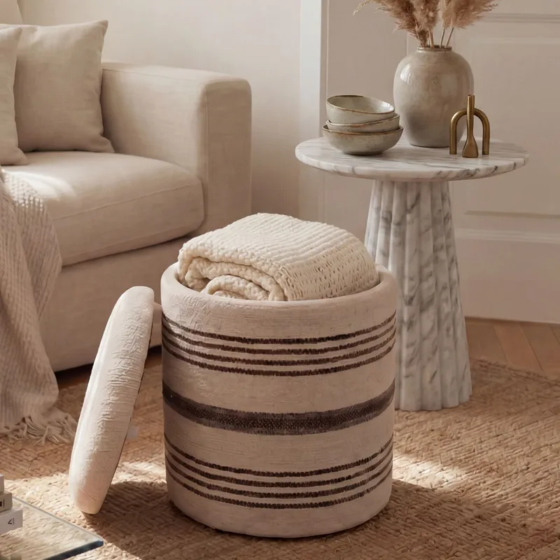 Nirek Rund sittpuff med förvaring i ulltyg - ljusbeige - Möbler - Vardagsrum - Stolar & sittmöbler - Sittpuff