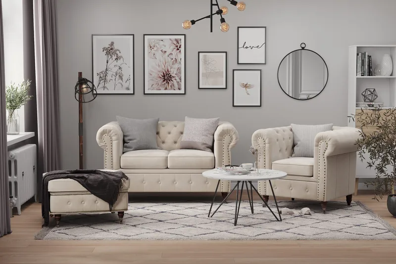 Chesterfield Deluxe Fotpall Sammet - Beige - Möbler - Vardagsrum - Stolar & sittmöbler - Pallar - Fotpall