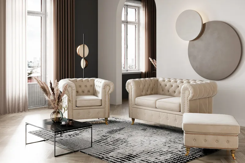 Chesterfield Deluxe Fotpall Sammet - Beige - Möbler - Vardagsrum - Stolar & sittmöbler - Pallar - Fotpall
