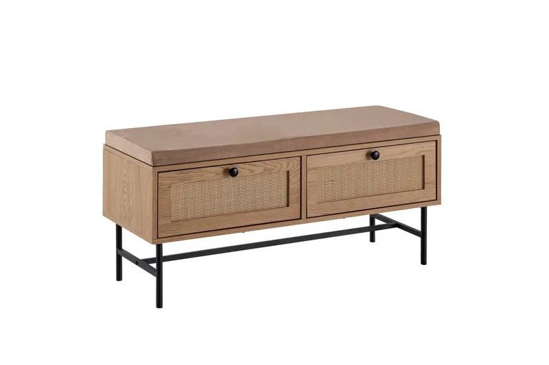 Bänk Wohnling Tygklädd sittplats med 2 rottingliknande lådor i ekdekor - Möbler - Vardagsrum - Stolar & sittmöbler - Sittbänk