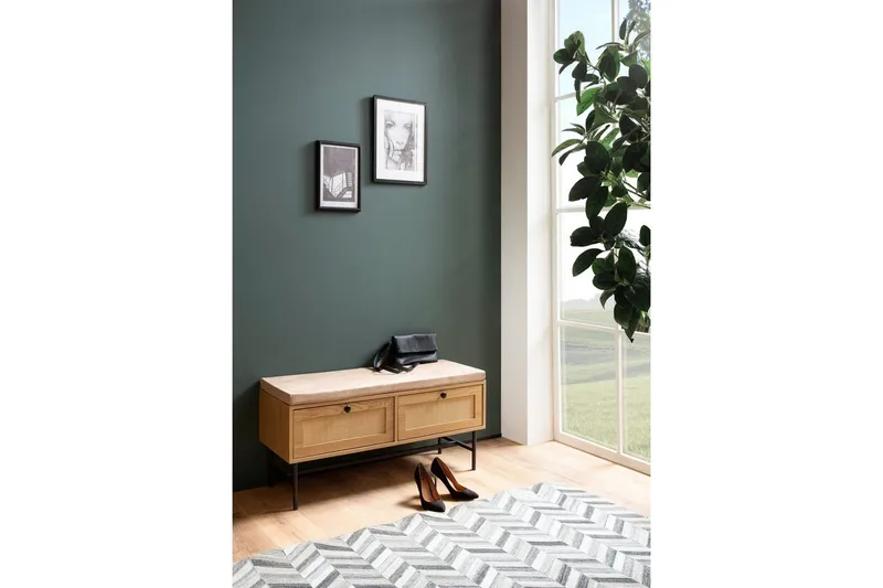 Bänk Wohnling Tygklädd sittplats med 2 rottingliknande lådor i ekdekor - Möbler - Vardagsrum - Stolar & sittmöbler - Sittbänk