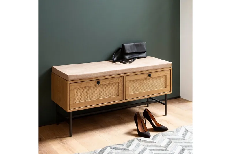 Bänk Wohnling Tygklädd sittplats med 2 rottingliknande lådor i ekdekor - Möbler - Vardagsrum - Stolar & sittmöbler - Sittbänk