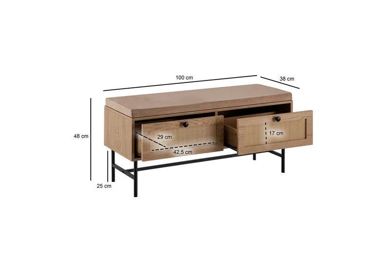 Bänk Wohnling Tygklädd sittplats med 2 rottingliknande lådor i ekdekor - Möbler - Vardagsrum - Stolar & sittmöbler - Sittbänk