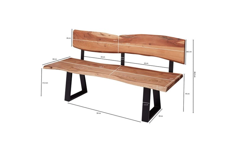 Matbänk Wohnling Köksbänk i massivt trä med trädets kant med metallben, lantlig stil Med ryggstöd, 160 cm - Med ryggstöd, 160 cm - Möbler - Vardagsrum - Stolar & sittmöbler - Sittbänk - Bänk med ryggstöd