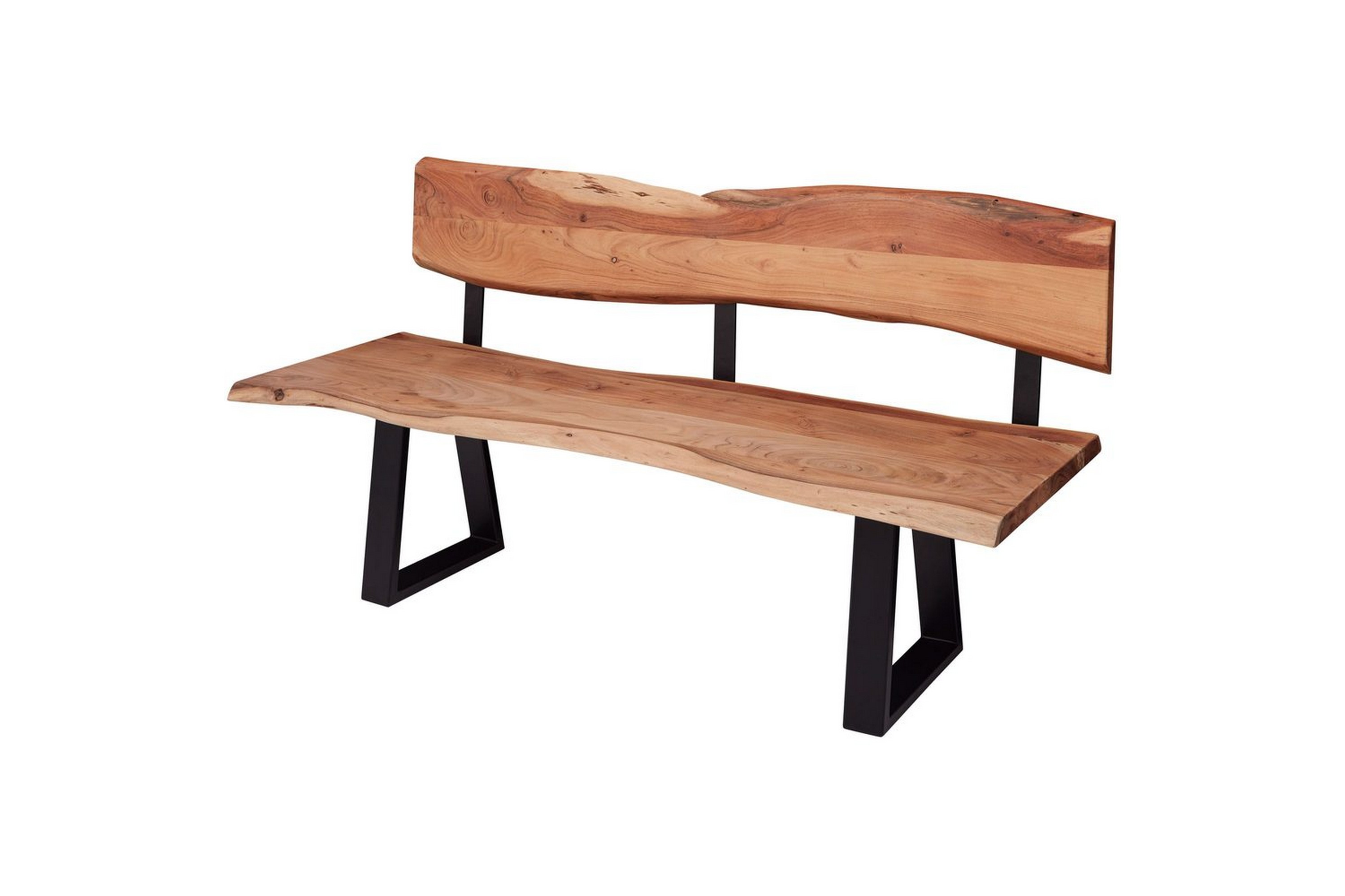 matbänk wohnling köksbänk i massivt trä med trädets kant med metallben, lantlig stil med ryggstöd, 160 cm - med ryggstöd, 160 cm