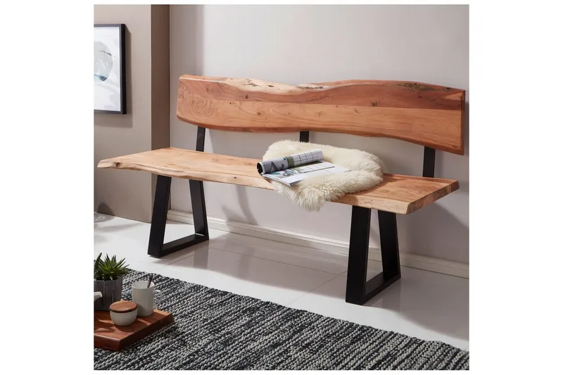 Matbänk Wohnling Köksbänk i massivt trä med trädets kant med metallben, lantlig stil Med ryggstöd, 160 cm - Med ryggstöd, 160 cm - Möbler - Vardagsrum - Stolar & sittmöbler - Sittbänk - Bänk med ryggstöd