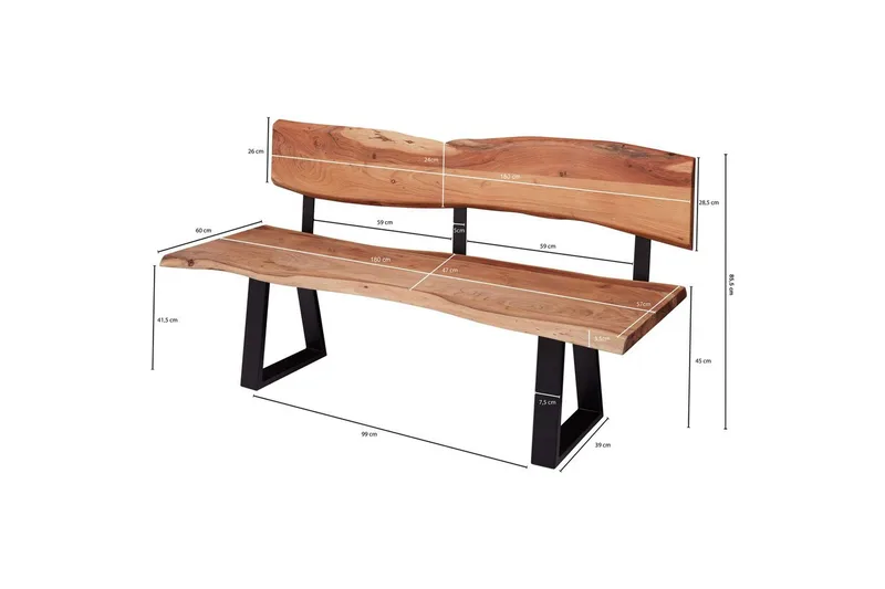 Matbänk Wohnling Köksbänk i massivt trä med trädets kant med metallben, lantlig stil Med ryggstöd, 180 cm - Med ryggstöd, 180 cm - Möbler - Vardagsrum - Stolar & sittmöbler - Sittbänk - Bänk med ryggstöd
