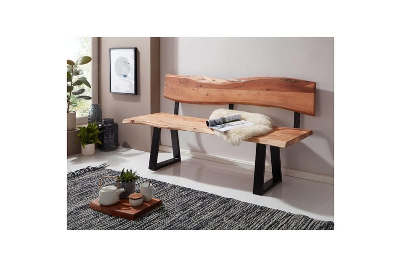 Matbänk Wohnling Köksbänk i massivt trä med trädets kant med metallben, lantlig stil Med ryggstöd, 180 cm - Med ryggstöd, 180 cm - Möbler - Bord