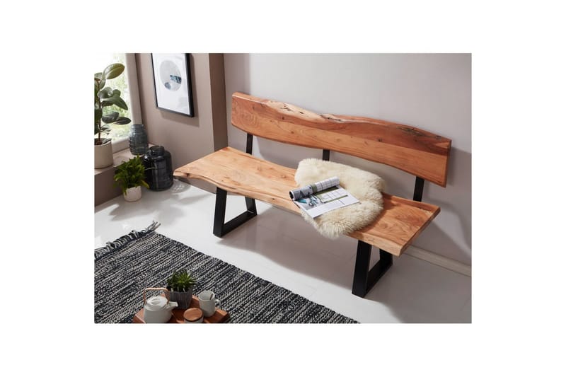 Matbänk Wohnling Köksbänk i massivt trä med trädets kant med metallben, lantlig stil Med ryggstöd, 180 cm - Med ryggstöd, 180 cm - Möbler - Bord