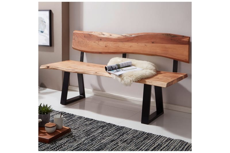 Matbänk Wohnling Köksbänk i massivt trä med trädets kant med metallben, lantlig stil Med ryggstöd, 180 cm - Med ryggstöd, 180 cm - Möbler - Vardagsrum - Stolar & sittmöbler - Sittbänk - Bänk med ryggstöd