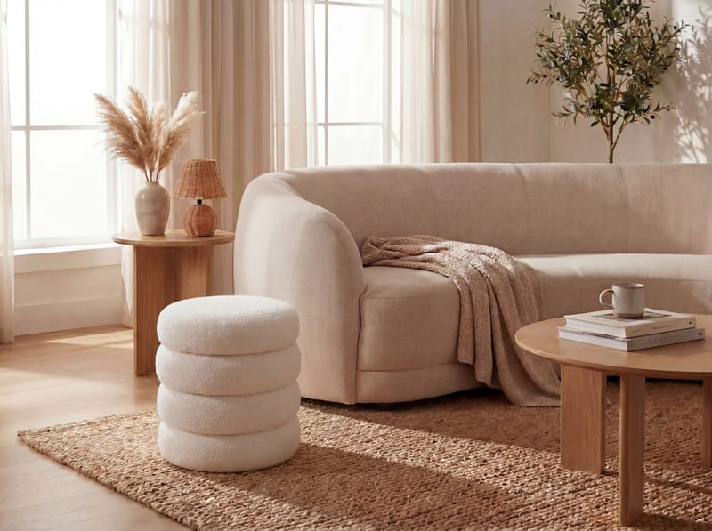 Velik Rund sittpuff med förvaring i teddytyg - ljus kräm - Möbler - Vardagsrum - Stolar & sittmöbler - Sittpuff