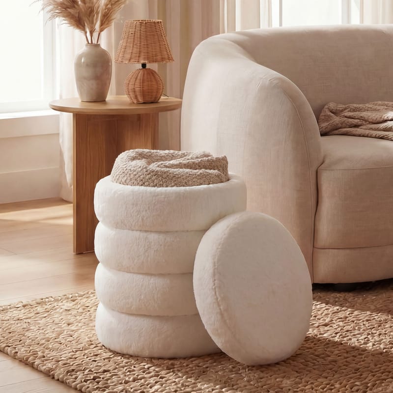 Velik Rund sittpuff med förvaring i teddytyg - ljus kräm - Möbler - Vardagsrum - Stolar & sittmöbler - Sittpuff