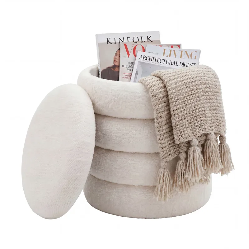 Velik Rund sittpuff med förvaring i teddytyg, ljus kräm