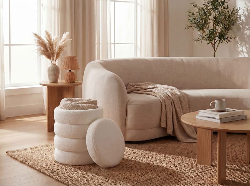 Velik Rund sittpuff med förvaring i teddytyg - ljus kräm - Möbler - Vardagsrum - Stolar & sittmöbler - Sittpuff