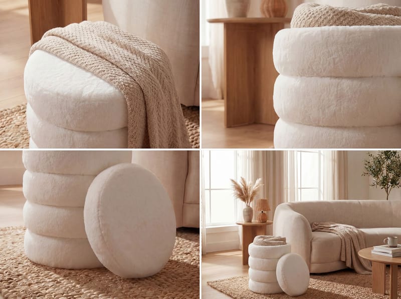 Velik Rund sittpuff med förvaring i teddytyg - ljus kräm - Möbler - Vardagsrum - Stolar & sittmöbler - Sittpuff