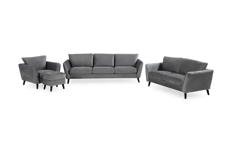 Trend Soffgrupp 3-sits + 2-sits Soffa + Fåtölj + Fotpall i Sammet - Ljusgrå - Möbler - Vardagsrum - Soffgrupper