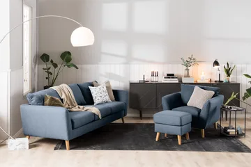 Trend Soffgrupp 3-sits + 2-sits Soffa + Fåtölj + Fotpall i Tyg - Blå - Möbler - Vardagsrum - Soffgrupper