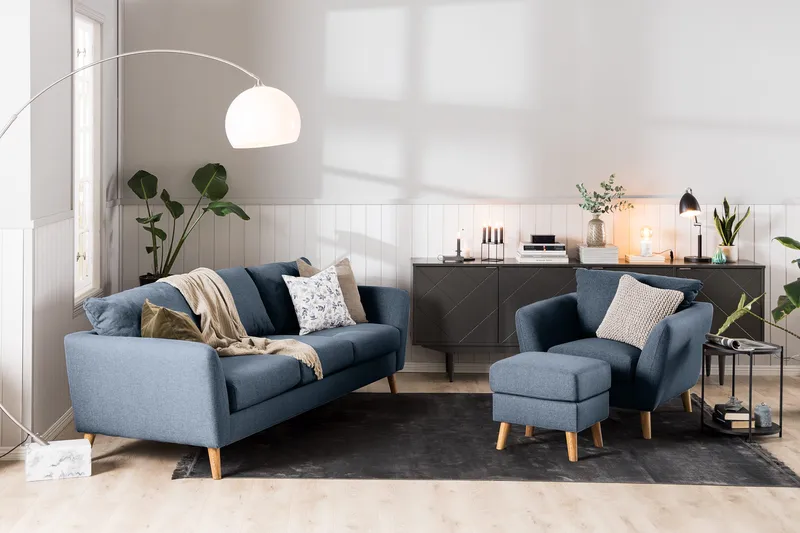 Trend Soffgrupp 3-sits + 2-sits Soffa + Fåtölj + Fotpall i Tyg - Blå - Möbler - Vardagsrum - Soffgrupper