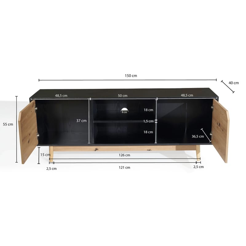 Alaro TV-bänk 150 cm - Svart med ekfärgade fronter/ben - Möbler - Vardagsrum - Tv-möbler & mediamöbler - Tv-bänkar