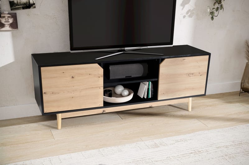 Alaro TV-bänk 150 cm - Svart med ekfärgade fronter/ben - Möbler - Vardagsrum - Tv-möbler & mediamöbler - Tv-bänkar