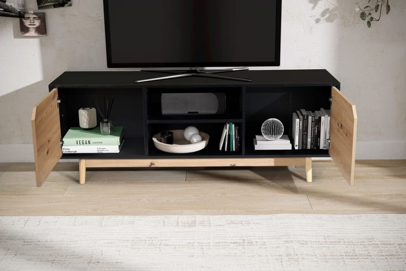 Alaro TV-bänk 150 cm - Svart med ekfärgade fronter/ben - Möbler - Vardagsrum - Tv-möbler & mediamöbler - Tv-bänkar
