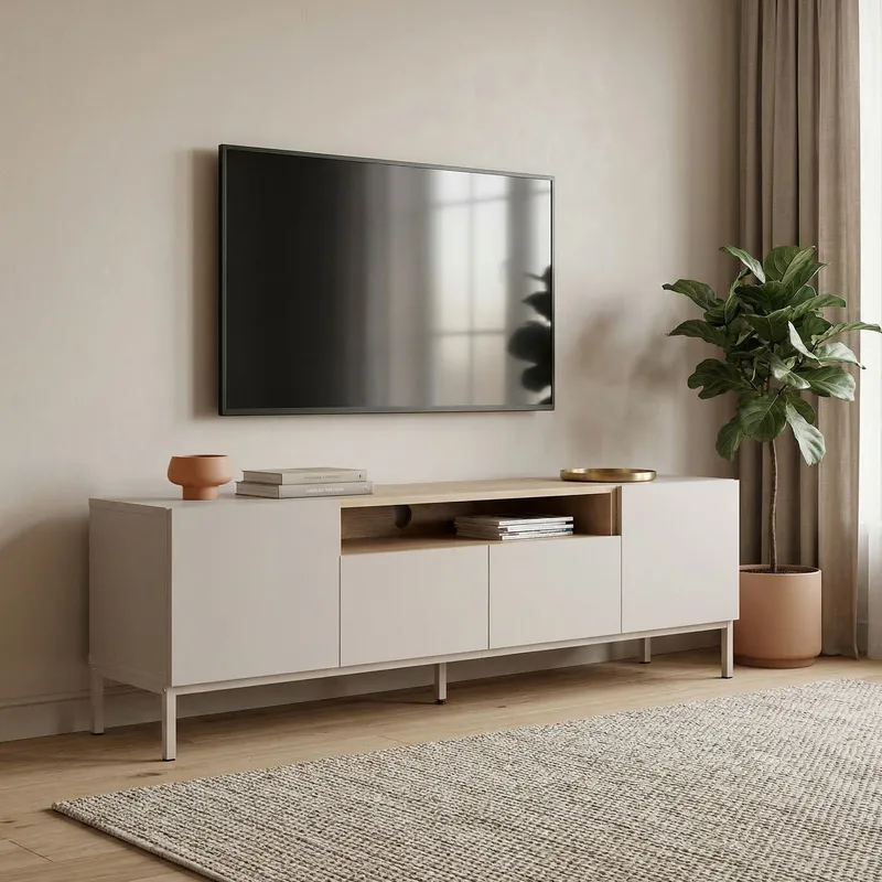 Arvold TV-bänk 160x50x35 cm - Sandstone och Sapphire Oak - Möbler - Vardagsrum - Tv-möbler & mediamöbler - Tv-bänkar