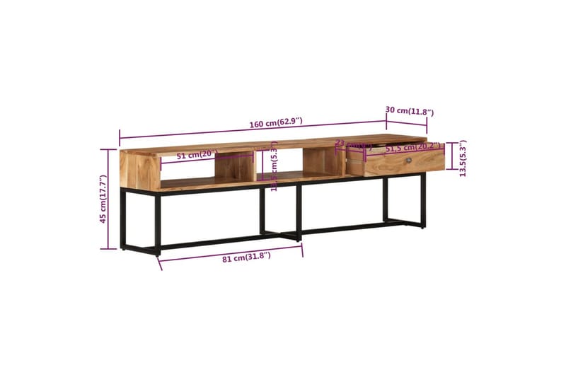 beBasic Tv-bänk 160x30x45 cm massivt akaciaträ - Tv-bänkar