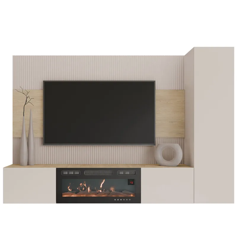 Bernice Tv-väggskåp 220 cm Elkamin med Värmefunktion och LED-belysning, beige, brun