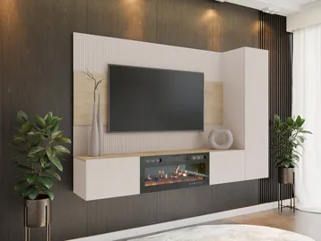 Bernice Tv-väggskåp 220 cm Elkamin med Värmefunktion och LED-belysning - beige, brun - Möbler - Vardagsrum - Tv-möbler & mediamöbler - Tv-skåp