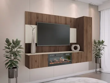 Bernice Tv-väggskåp 220 cm Elkamin med Värmefunktion och LED-belysning - brun - Möbler - Vardagsrum - Tv-möbler & mediamöbler - Tv-skåp